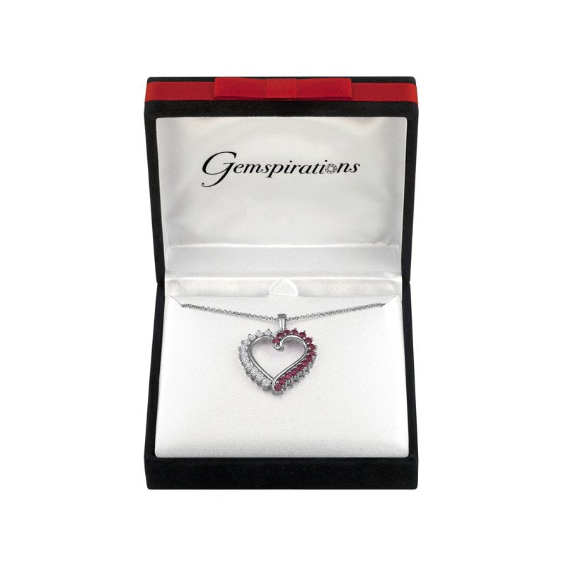 Sterling Silver-Plated Heart Pendant with Simulated Ruby and CZ Accents - 18 Inch Chain