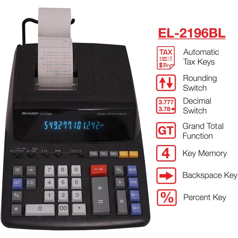 12-Digit Printing Calculator with Memory and Fast Ribbon Printer - Black