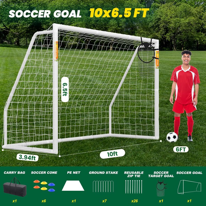 ABORON 10' x 6.5' Foldable Soccer Goal with Net – HPVC Frame, Backyard Training (White) Variation: PVC-Foldable