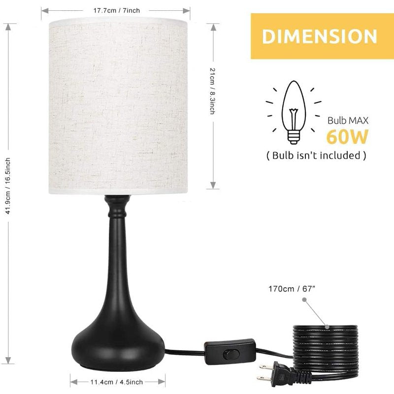 Set of 2 Modern Black Bedside Nightstand Lamps with Linen Shades
