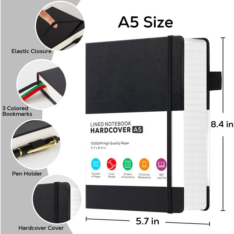 A5 Hardcover Lined Notebook Journal for Writing - 320 Pages, Leather Cover, College Ruled, Daily Planner for Work & School, Black