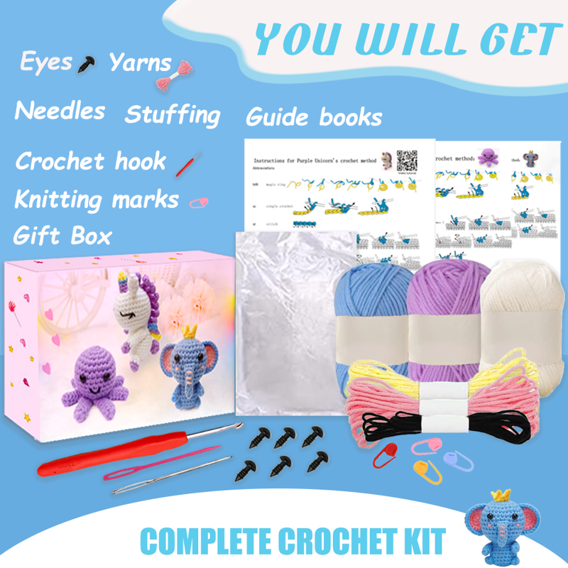 Crochet Animal Kit for Beginners - DIY Unicorn, Elephant, Octopus Craft Set