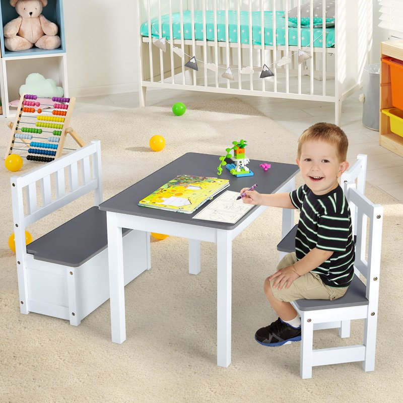 Kids Wooden Activity Table & Chairs Set with Storage Bench - Gray