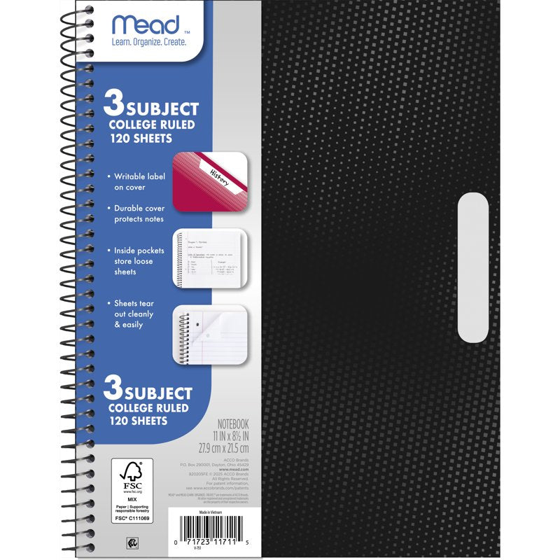 3 Subject Spiral Notebook - College Ruled, 8.5 x 11 Inches, Black Poly Cover