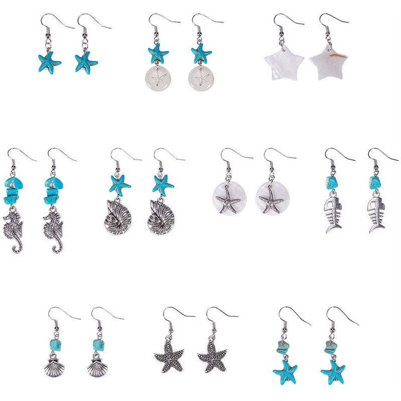 DIY Jewelry Making Kit for Earrings - Starfish, Seahorse, Shell Turquoise Pendants, Complete Supplies for 10 Pairs