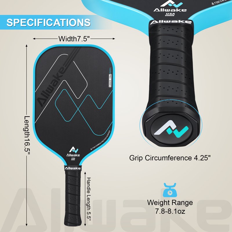 Allwake Pickleball Paddle with T700 Carbon Fiber – USAPA Approved, 8 oz, Textured Surface, Black-Blue Variation