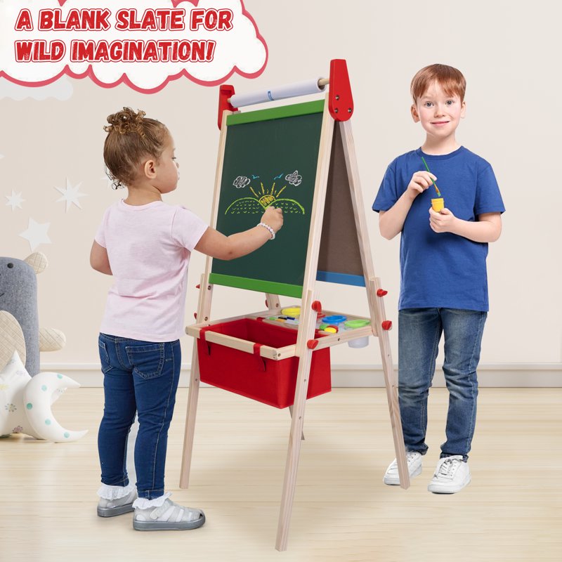 Kids Wooden Art Easel with Adjustable Height, Double-Sided Chalkboard & Painting Accessories