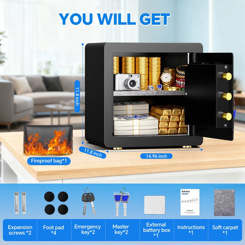 Digital Home Safe with Fireproof Waterproof Bag & Adjustable Shelf, 2.5 Cu ft