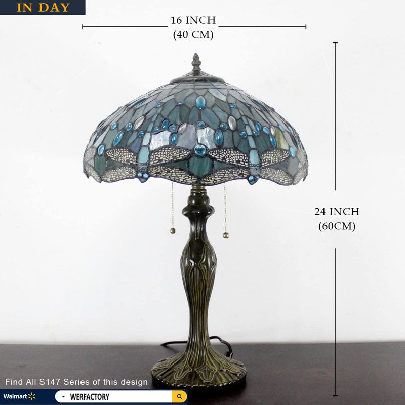 Large 24-Inch Sea Blue Tiffany Table Lamp with Stained Glass Dragonfly Design