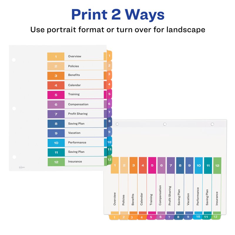 Multi-Color Tab Dividers for Organizing Projects - 12-Tab Set, Customizable