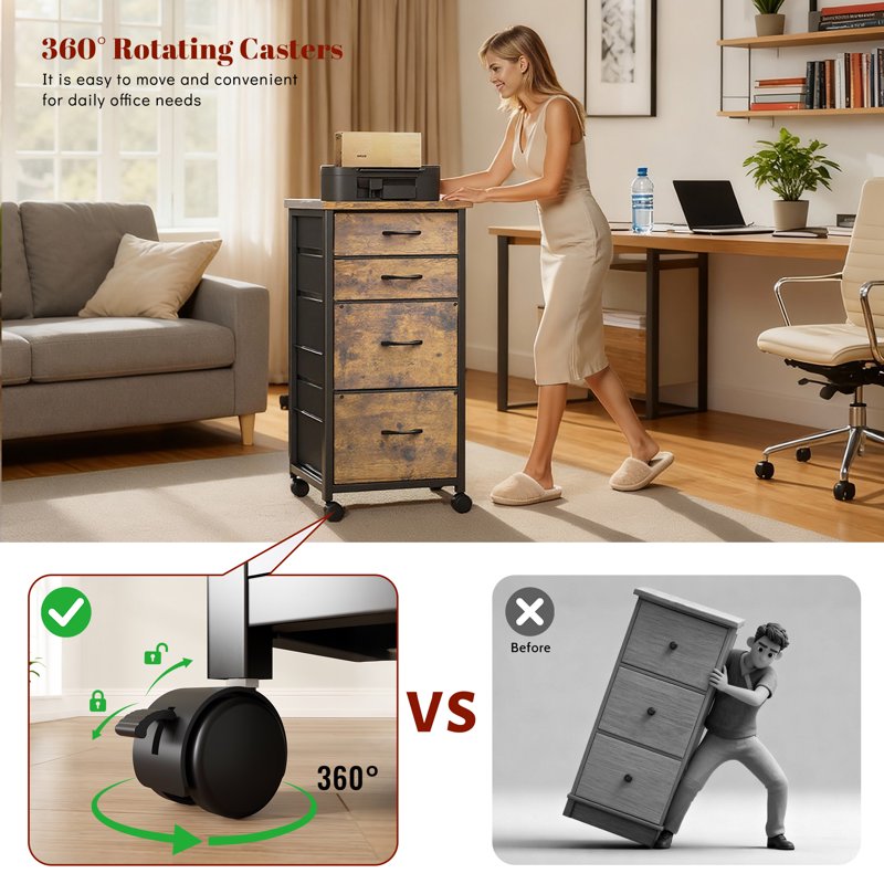 Mobile File Cabinet with Fabric Drawers and Wooden Top - Fits A4/Letter, Multi-Functional Home Office Storage