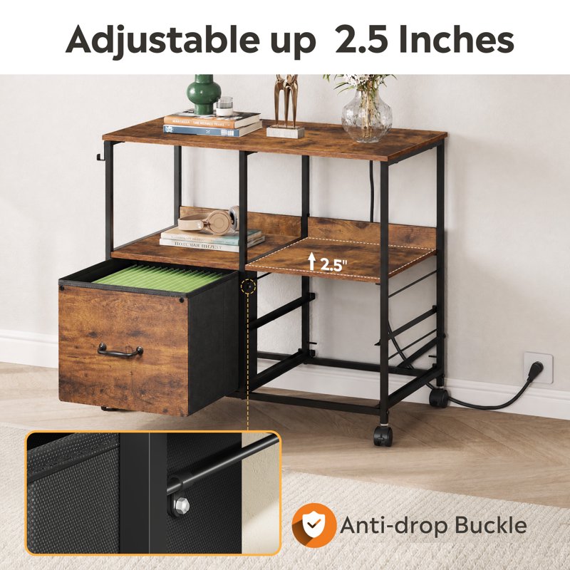 3 Drawer File Cabinet with Charging Station and Storage Shelves for Home Office
