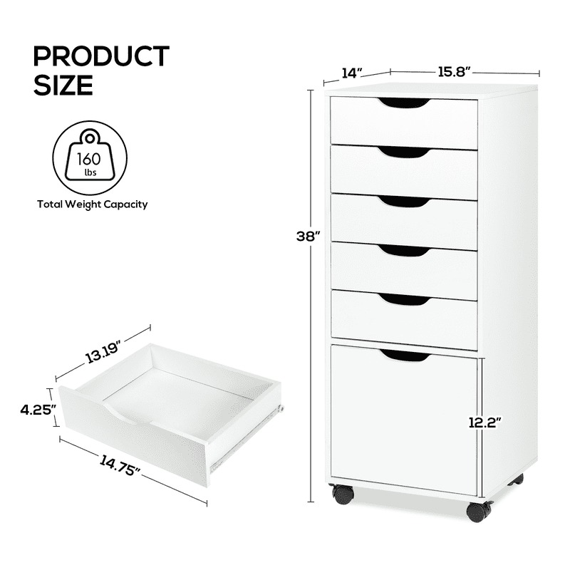 Mobile File Cabinet with Wheels, 5-Drawer Storage Organizer for Home Office and Living Room, Lockable Casters - White