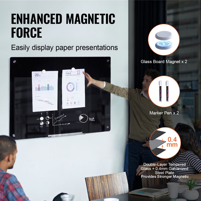 Magnetic Glass Dry Erase Whiteboard 36x24 Wall-Mounted Frameless Office & Home