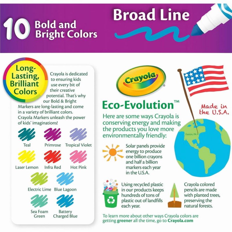 Crayola Broad Line Markers Set of 10 - Bright & Bold Colors for Kids, Non-Toxic