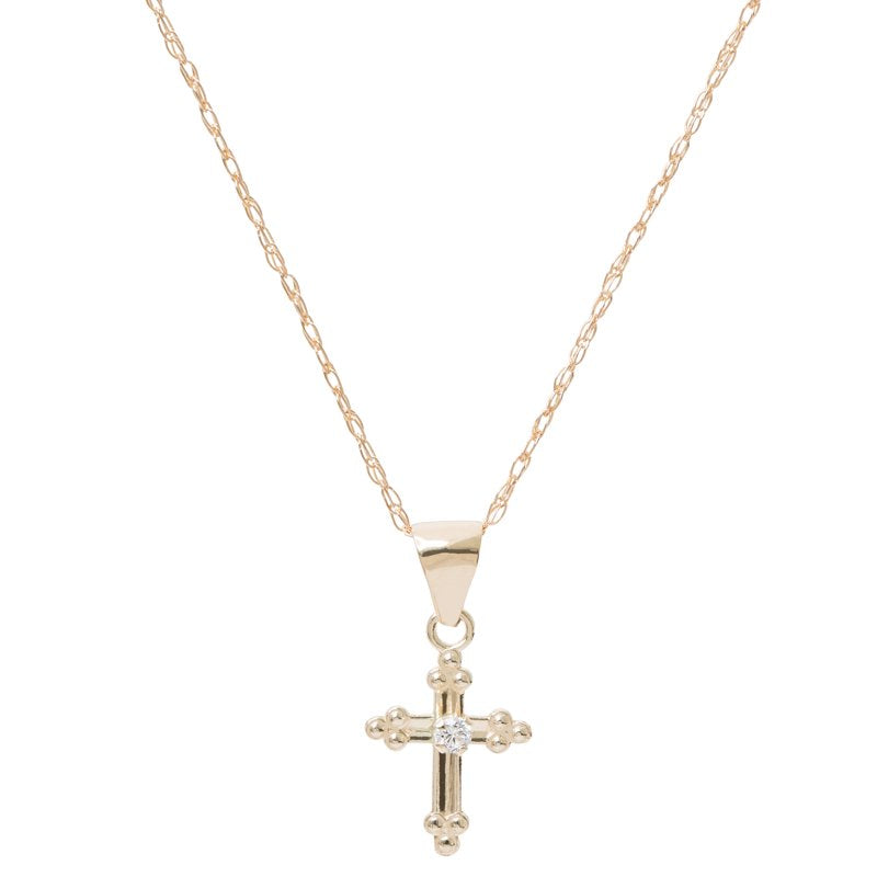 Girls Tween Gold Cross Pendant Necklace 14K Yellow Gold CZ 18 Inch Chain
