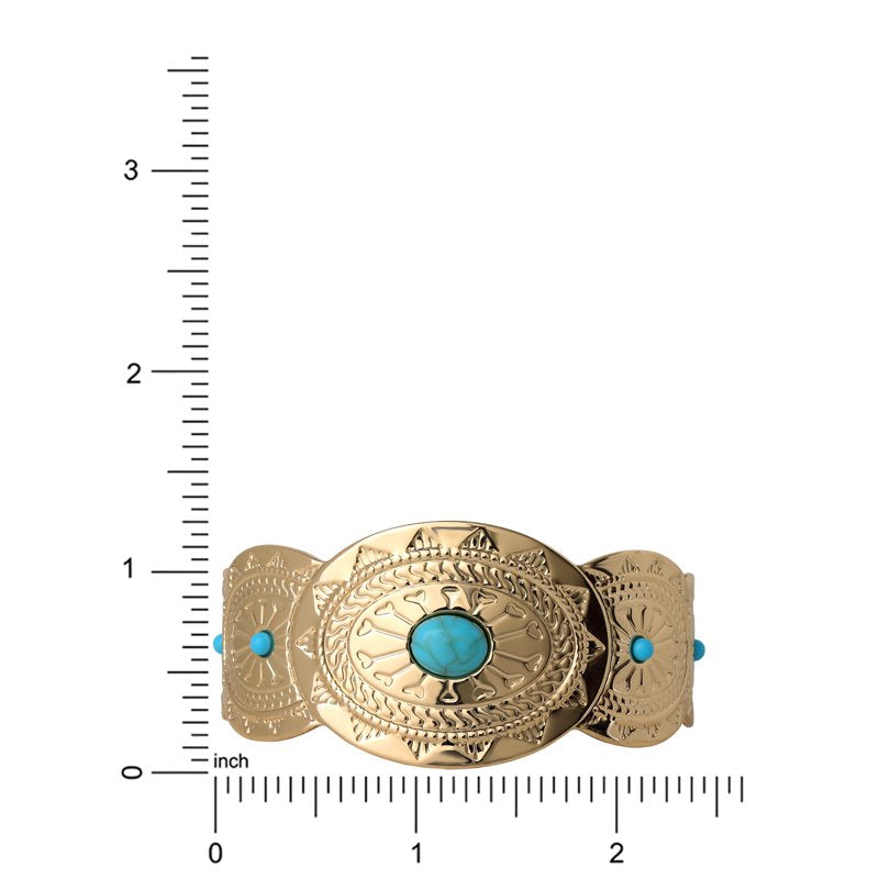 Women’s Gold-Tone Faux Turquoise Cuff Bracelet with Engraved Western Design