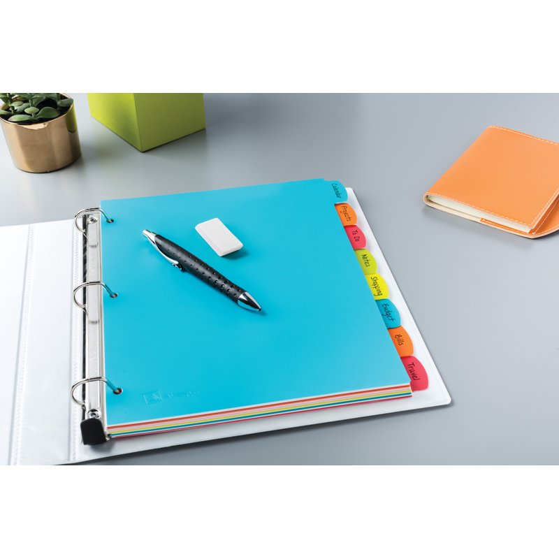 Write & Erase Plastic Dividers with Big Tabs - 8 Bright Reusable Binder Sections