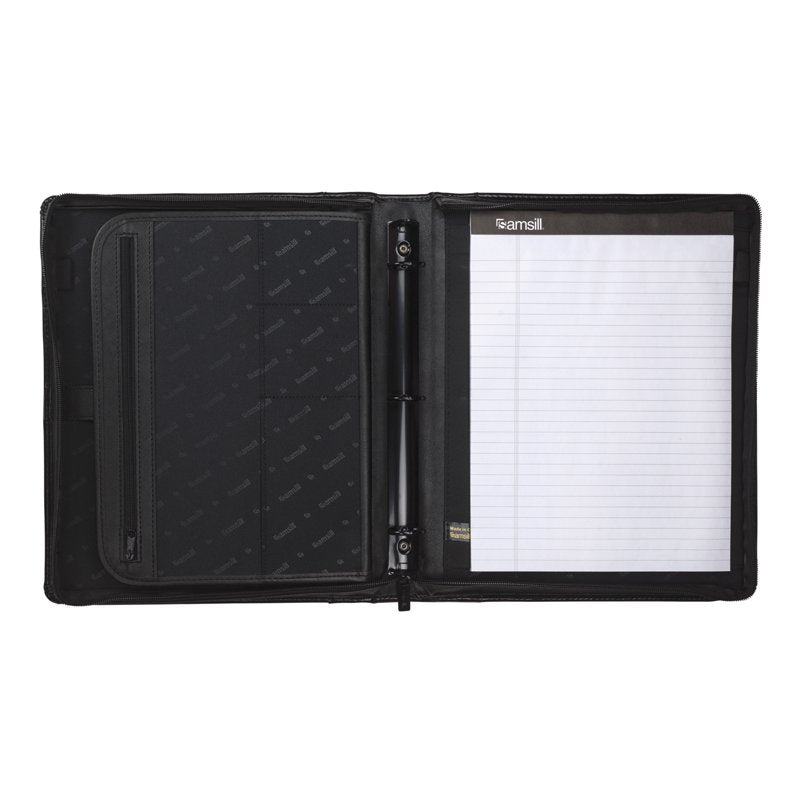 Leather Zipper Binder Portfolio with Ring Organizer - Black, 1.5 Inch Rings