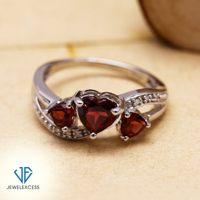 Gold Plated Silver Garnet Ring with White Diamond Accents – Heart Design Jewelry