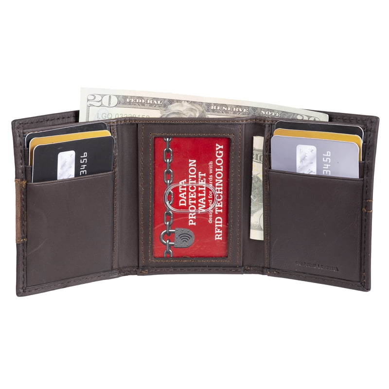 Men's RFID Leather Trifold Wallet with Interior Zipper & Logo Patch