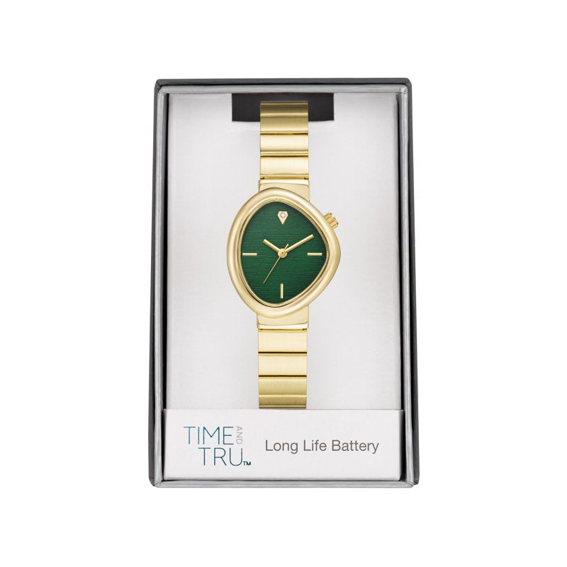 Women's Gold-Tone Wristwatch with Green Dial & Diamond Accent
