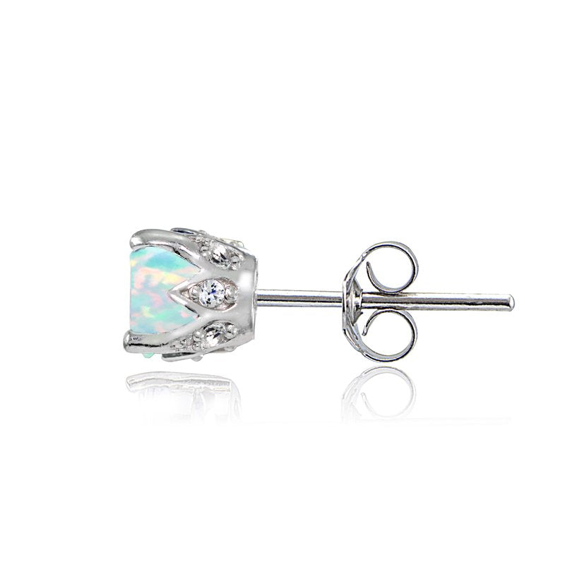 Sterling Silver Crown Stud Earrings with White Opal & White Topaz - Birthstone Jewelry