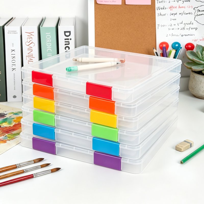 6 Pack A4 Plastic File Storage Boxes with Labels & Buckles - Clear Office & School Document Organizer