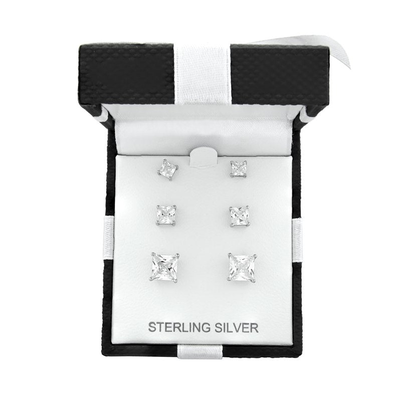 Square Cubic Zirconia Stud Earrings Set in Silver - 4mm, 5mm, 7mm