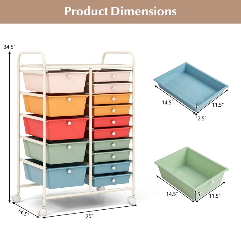 15-Drawer Rolling Storage Cart for Art, Craft, Office & Organization