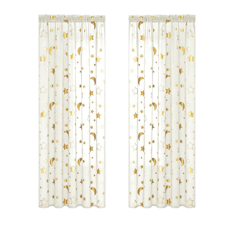Light Filtering Sheer Curtains with Gold Star Print - 84 Inch Long Window Panel for Living Room & Bedroom