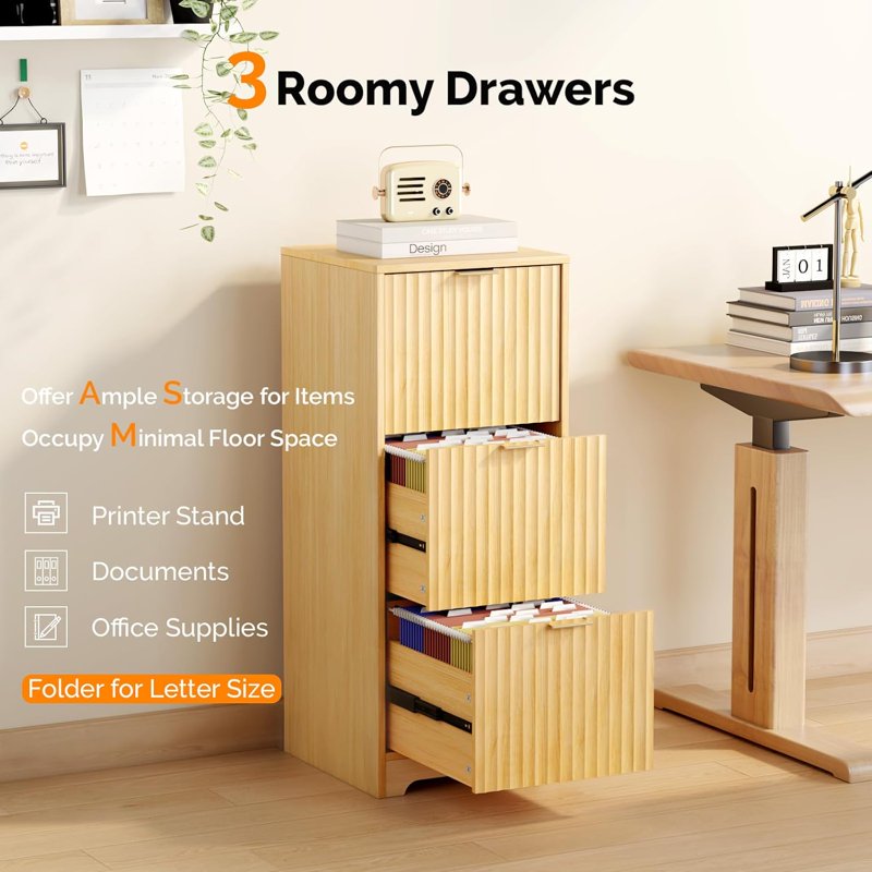 Modern 3-Drawer Wood File Cabinet for Letter Files - Vertical Storage