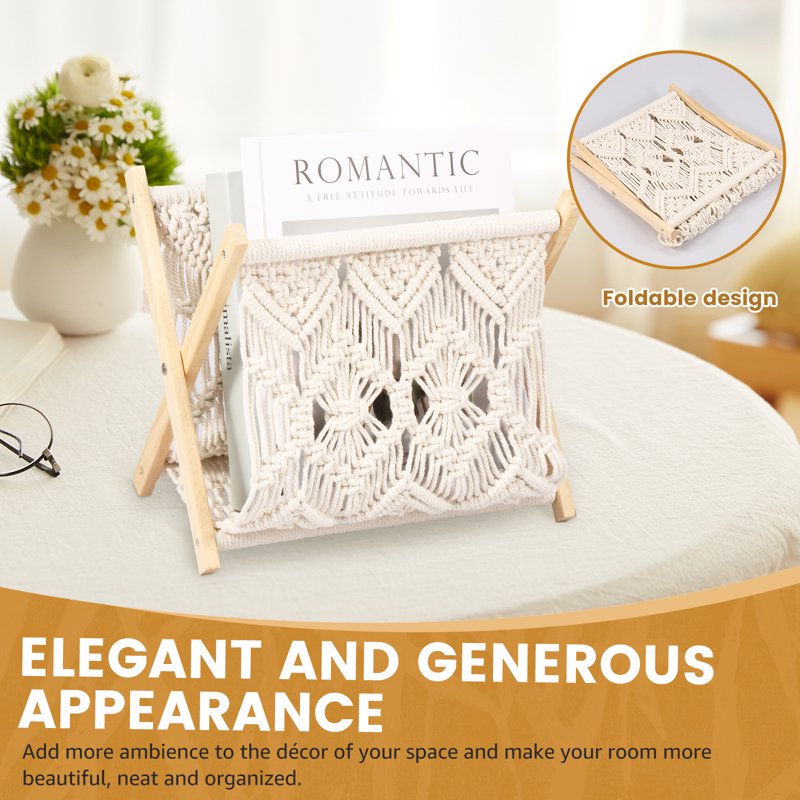 Bohemian Macrame Magazine Rack - Foldable Stand for Living Room Storage
