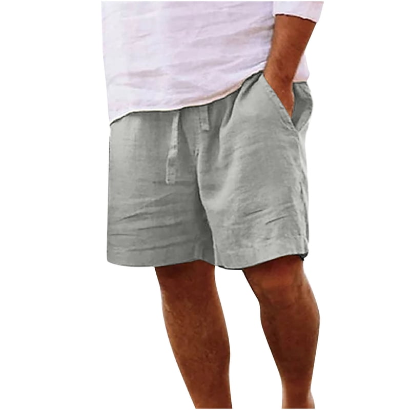 Men's Linen Shorts Casual Solid Color Elastic Waist Knee Length Beach Shorts