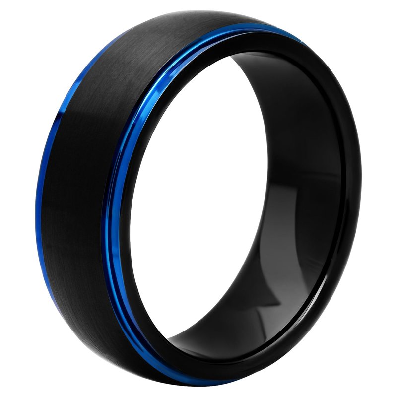 Men's Tungsten Wedding Band 8MM Satin Finish Black & Blue Step Edge
