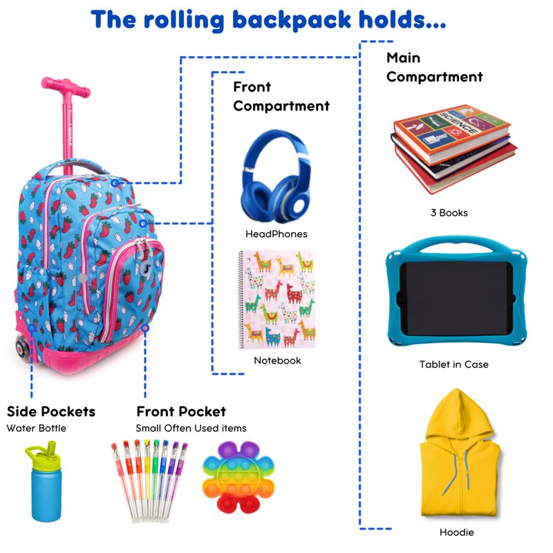 Kids Rolling Backpack with Insulated Lunch Bag - School & Travel