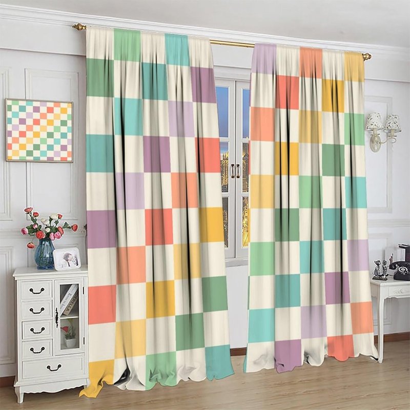 Colorful Checkered Gradient Window Curtains - Thermal Insulated 2 Panel Set, 42x54 Inches