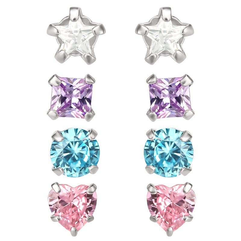 Girls Sterling Silver CZ Multi-Stud Earring Set - 4 Pairs Child Jewelry