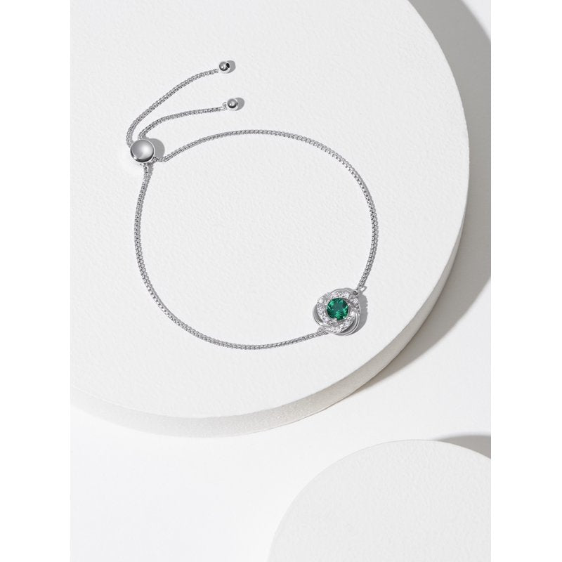 Sterling Silver Lab Grown Diamond and Emerald Bolo Bracelet for Women
