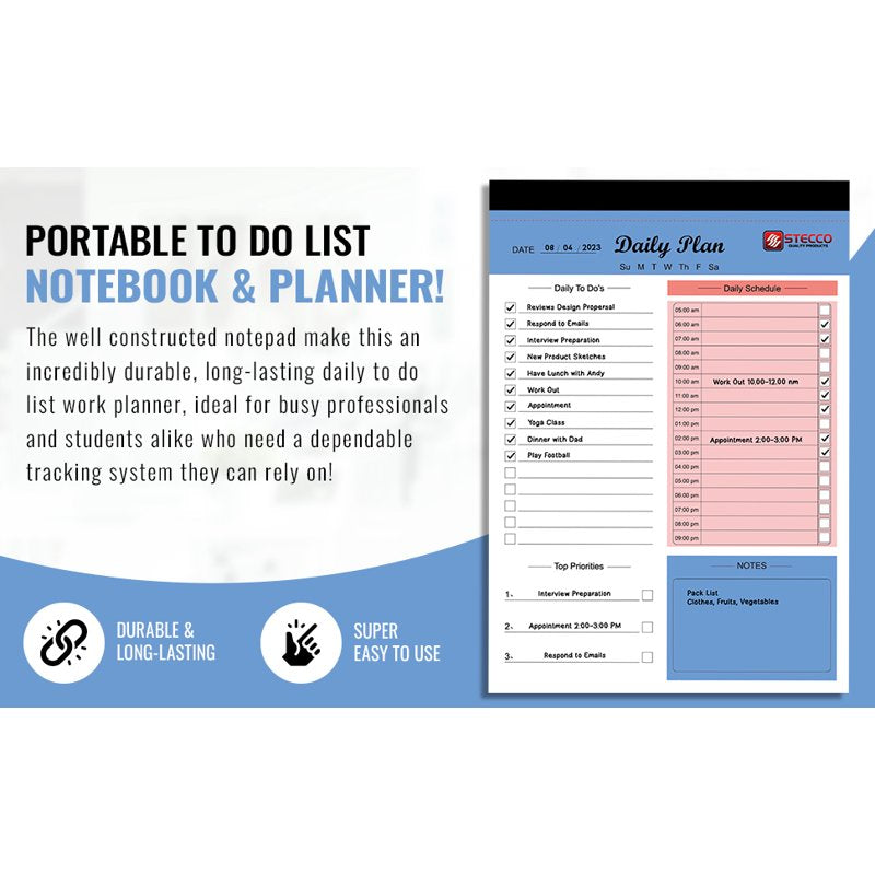 Undated Daily To-Do List Planner Notepad - Portable Work Organizer