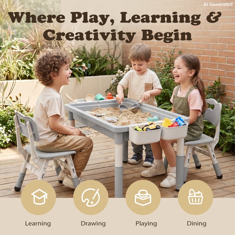 Kids Activity Table and Chair Set with Storage and Adjustable Height - Gray