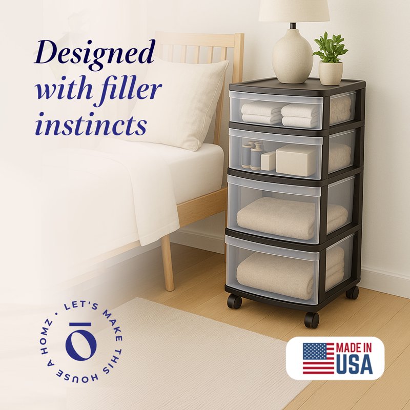 Black Plastic 4-Drawer Storage Container Organizer - Home & Closet Use