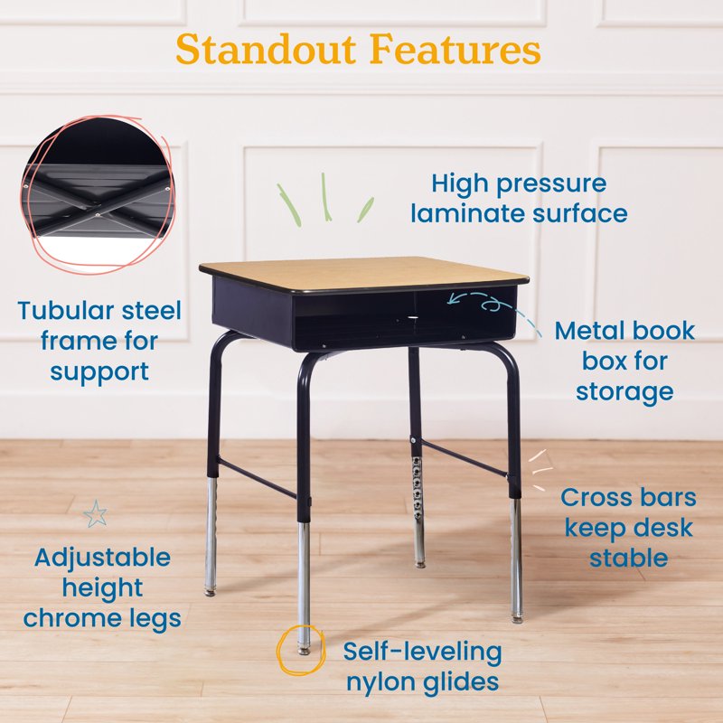 Adjustable Kids Classroom Desk with Metal Storage Book Box - Oak Finish