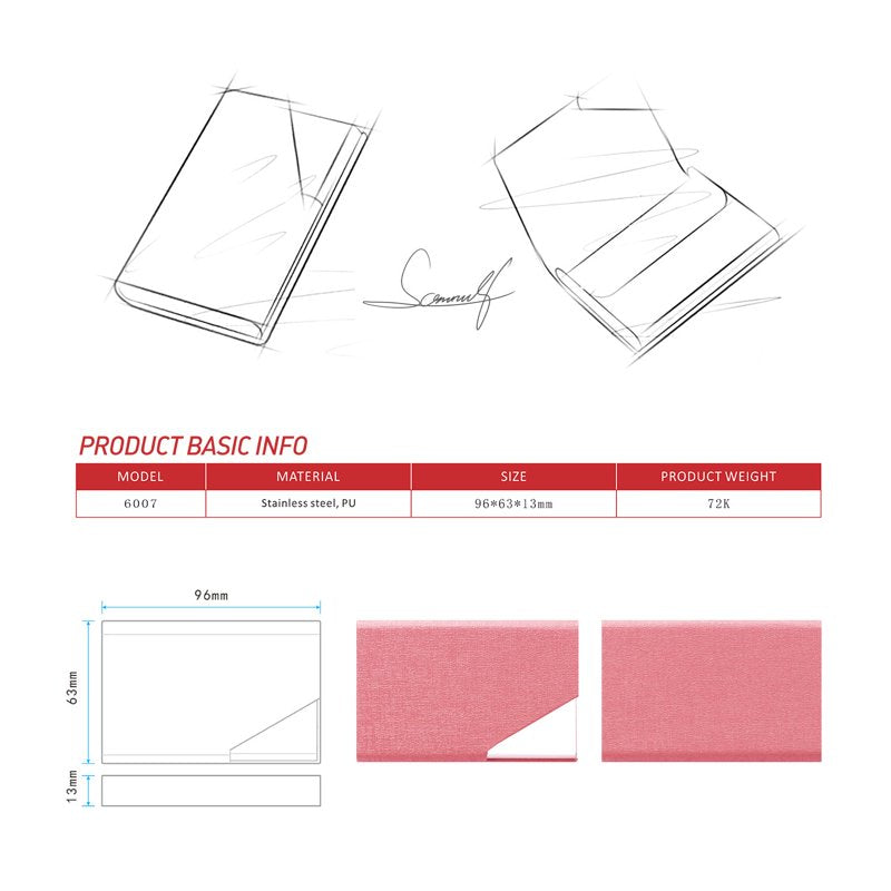 Business Name Card Holder - PU Leather & Stainless Steel Wallet for Men & Women - Pink