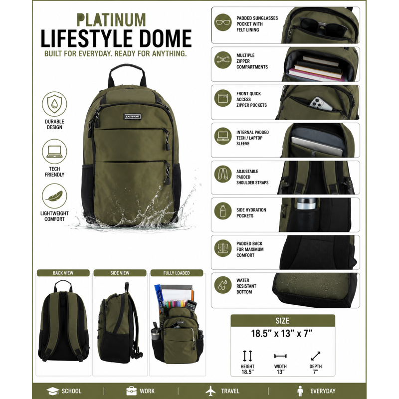 Unisex 17-Inch Lifestyle Backpack with Sunglasses Pocket - Army Green