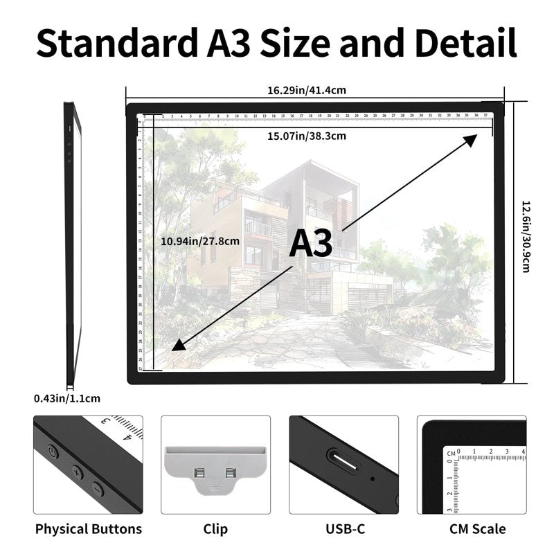A3 Light Box for Tracing & Diamond Painting with Rechargeable Battery, 3 Colors, 6-Level & Stepless Dimming, Built-in Stand
