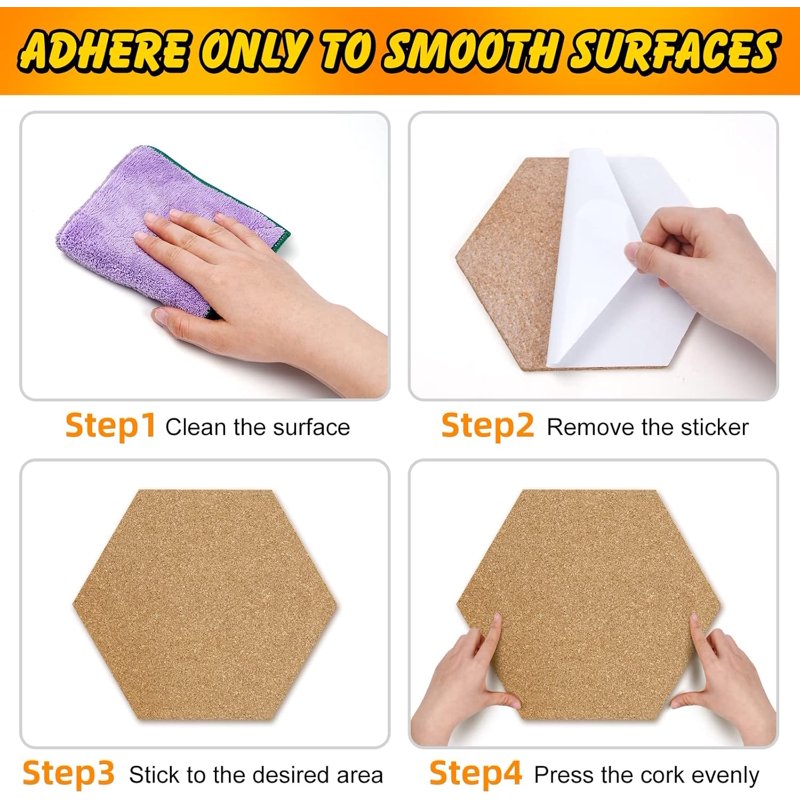 8 Pack Hexagon Cork Bulletin Boards with Self-Adhesive Backing & Push Pins for Home Office School Decor