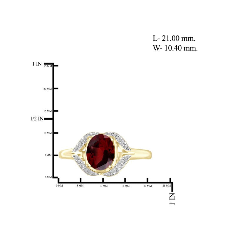 Garnet Birthstone Ring 1.50 Carat Oval Gemstone with White Diamond Accents - 14K Gold Plated Silver, Hypoallergenic, Size 8
