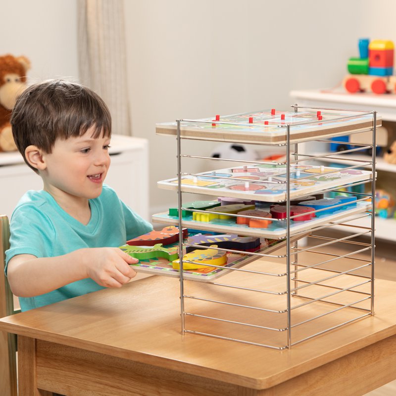 Multi-Fit Metal Puzzle Rack - Holds 12 Wooden & Peg Puzzles, 12 Inch Wide