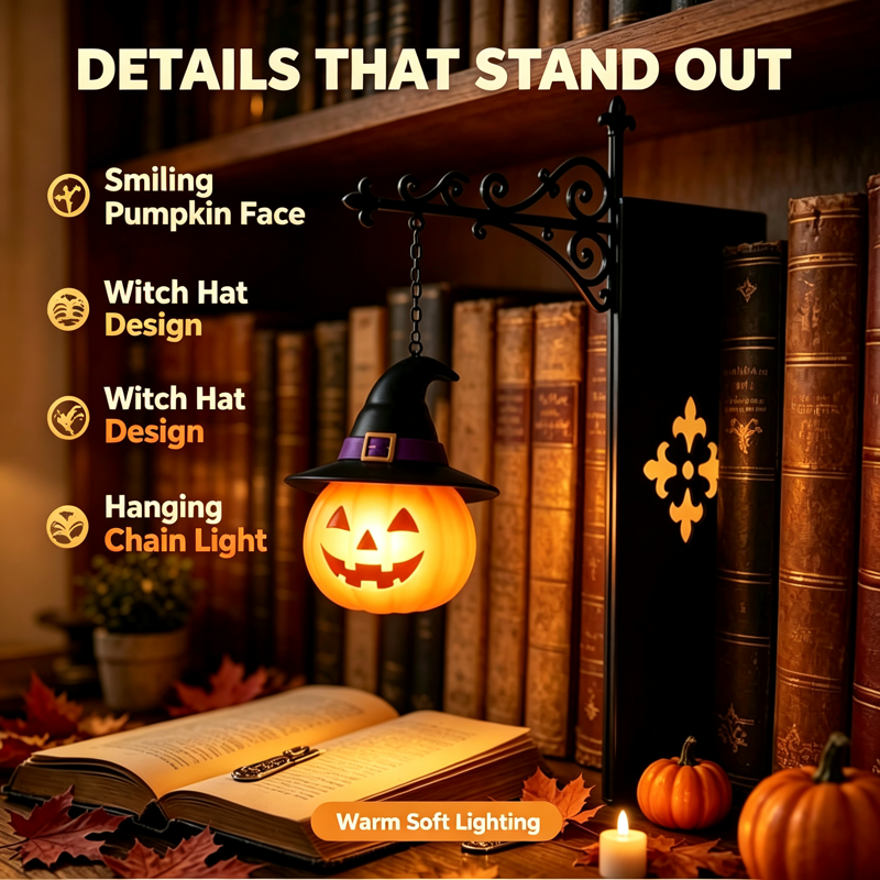 Hat Pumpkin Halloween Bookshelf Lamp - Vintage Ghost Library Light with Bookend Base